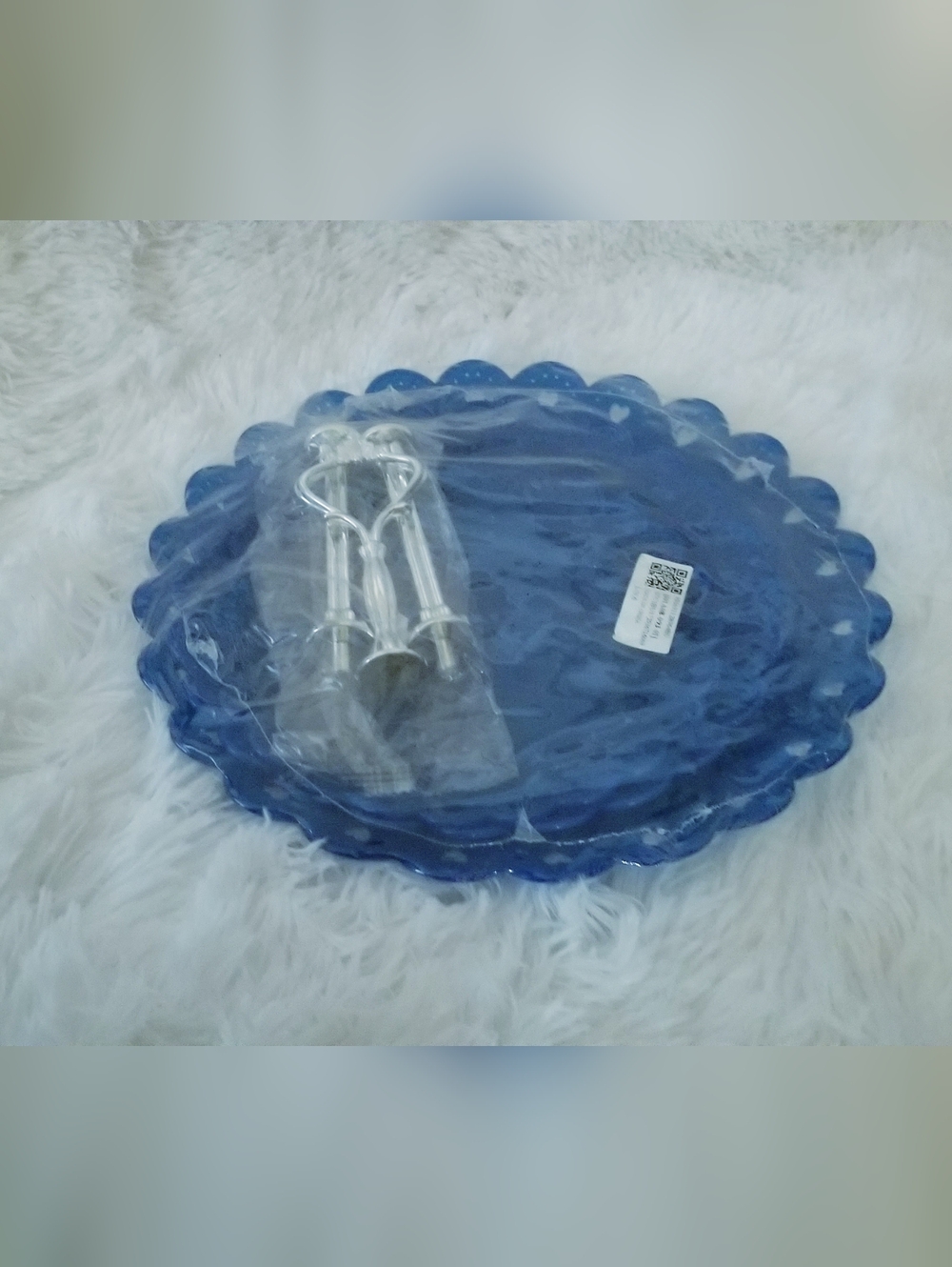 Blue Scalloped 3 Tiered Serving Platter with Steel Look Hardwear
